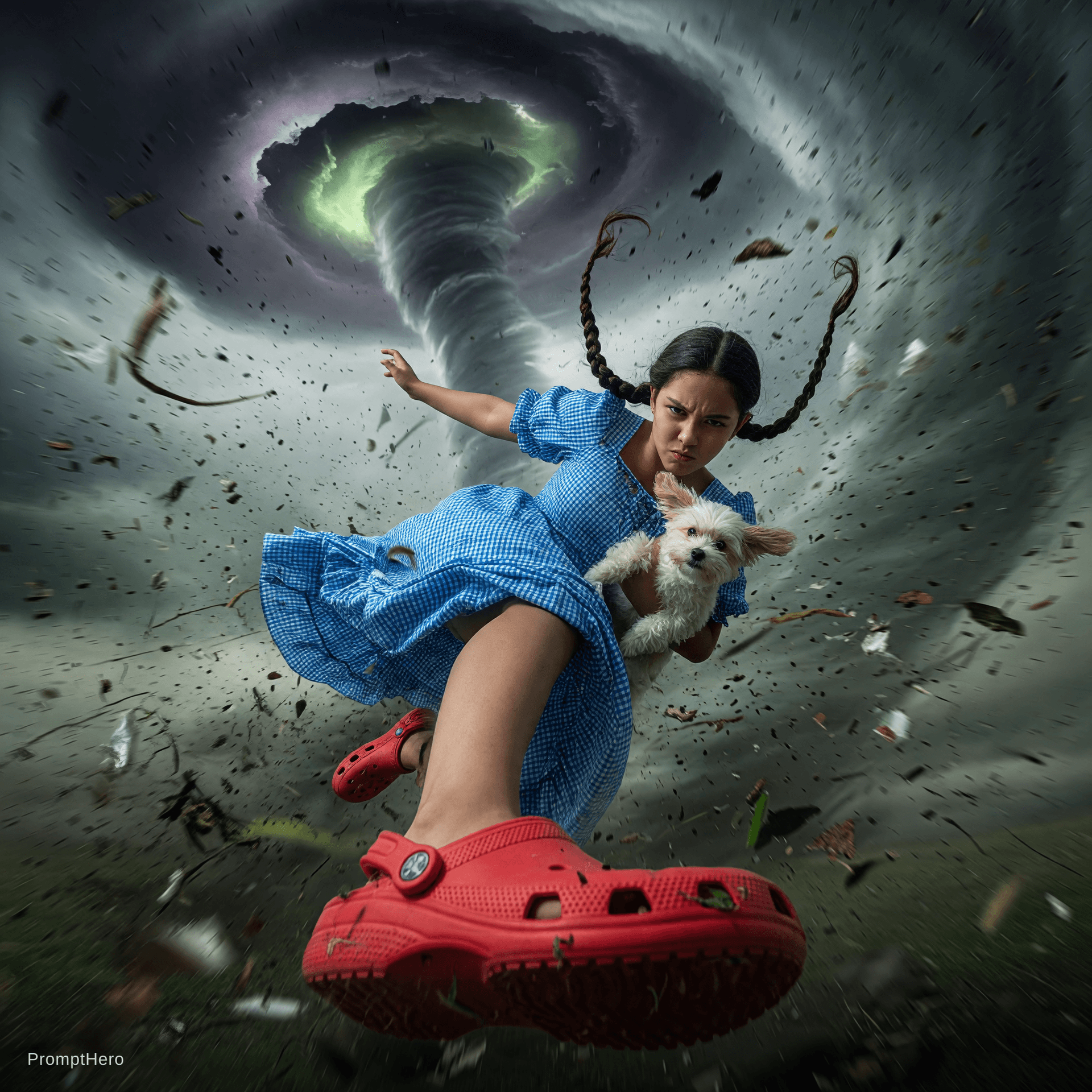 AI generated: {
  "scene": {
    "setting": "inside a swirling tornado",
    "mood": "dramatic and surreal",
    "...