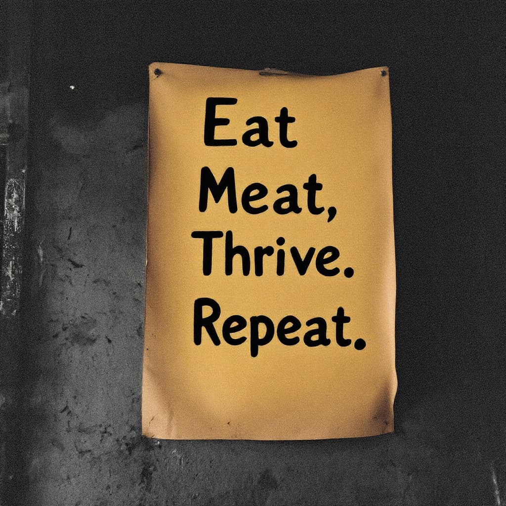 AI generated: Darker photography of poster on the wall that has written on it in vintage writing:
Eat Meat.
Thrive...