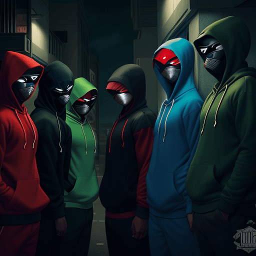 AI generated: Five guys all multi racial, one in a red hoodie,one in a black hoodie, one in a blue hoodie,one in a...
