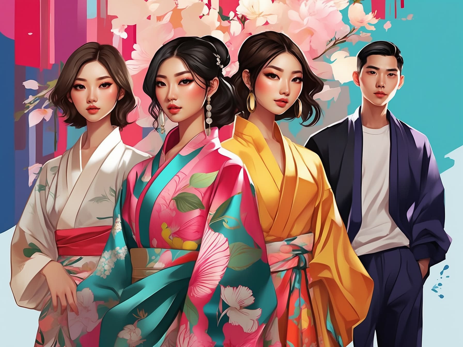 AI generated: Type of Image: Digital Illustration
Subject Description: A group of fashionable Asian individuals d...