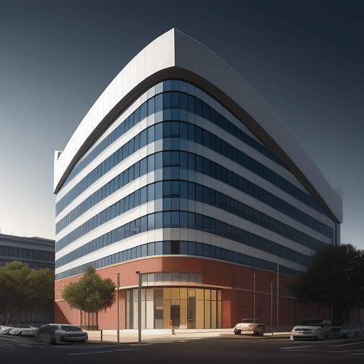 AI generated: photorealistic, canon EOS 5d, minimalistic medium scale office building, curved brick, geometric sha...