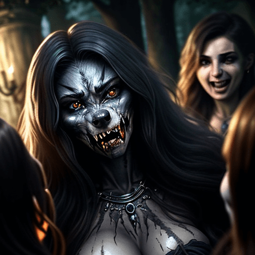 AI generated: A group of werewolves capturing a beautiful human woman, ultrarealistic. Enslave her