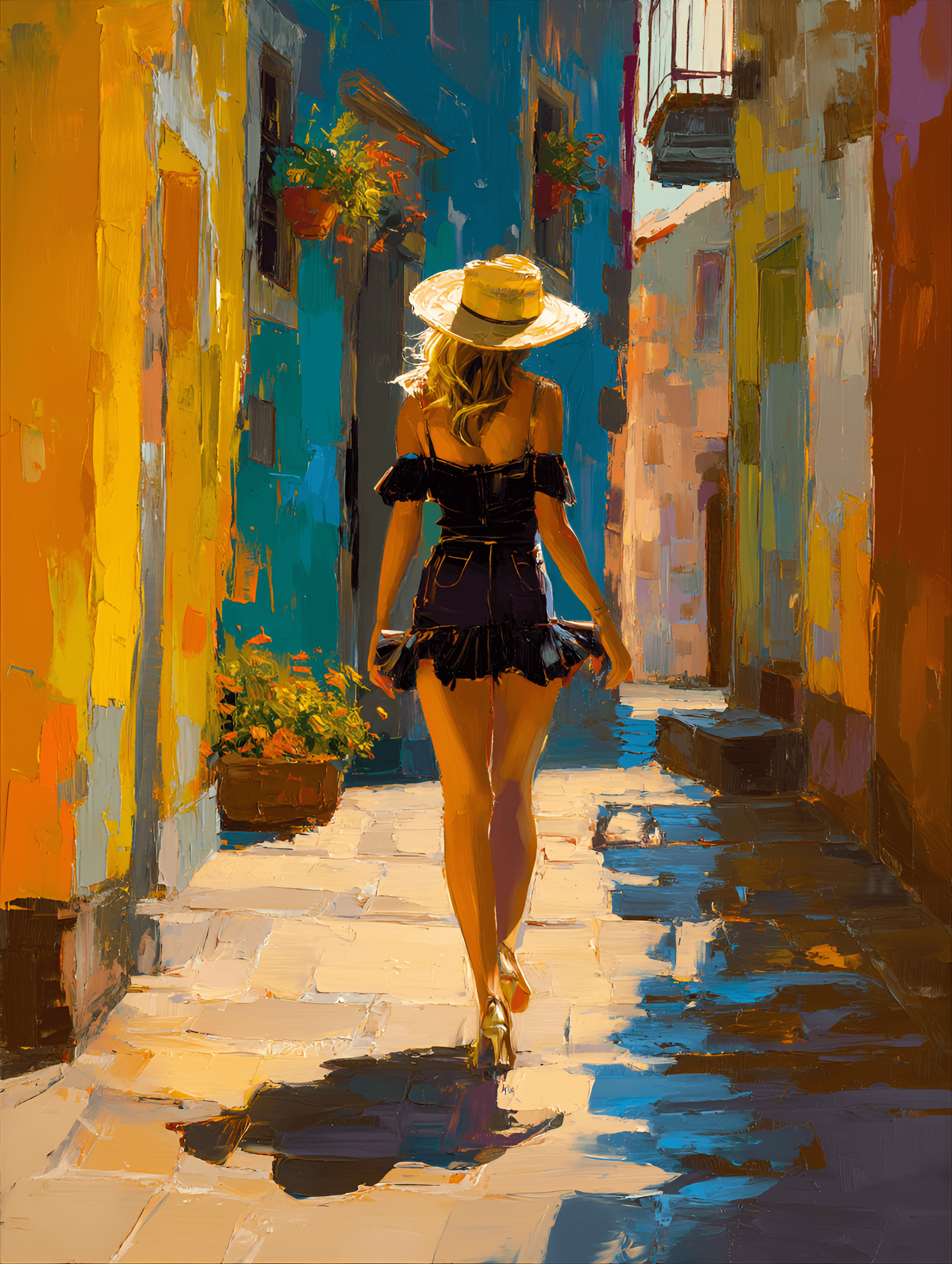 AI generated: woman with light blonde hair, likely in her 20s or 30s, is depicted walking down a colorful, narrow ...
