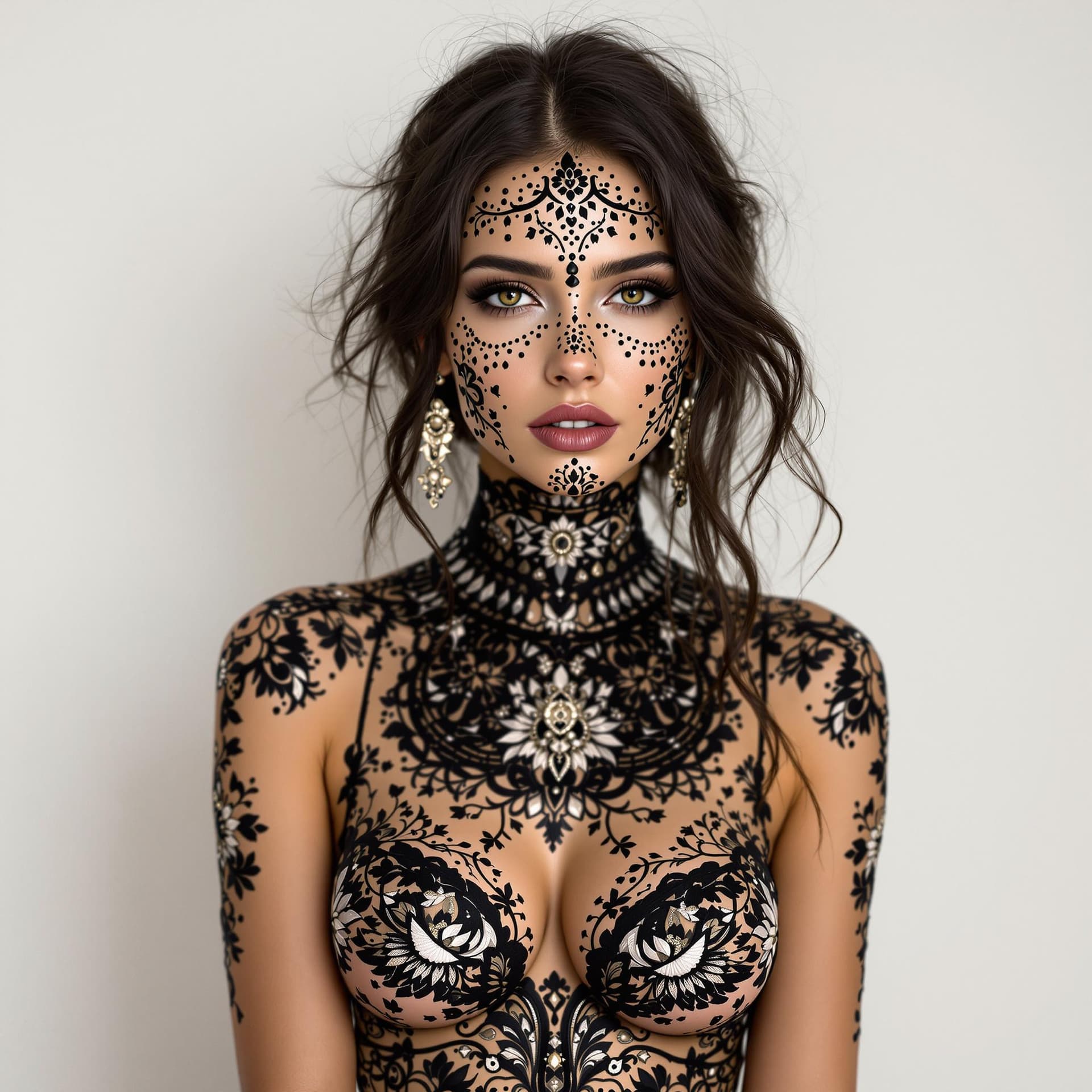 AI generated: the whole face, shoulders and chest are pierced with openwork threads in the style of gypsy greek na...