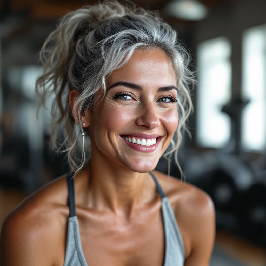 AI generated: high quality, diaper, woman, detailed face, grey hair, smiling, at gym