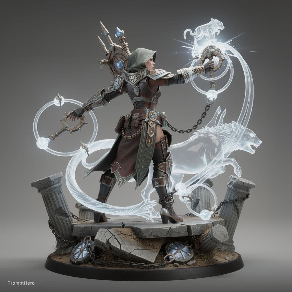 AI generated: semi-realistic dark fantasy female arcane huntress,
ancient creature controller and relic tamer,
asy...