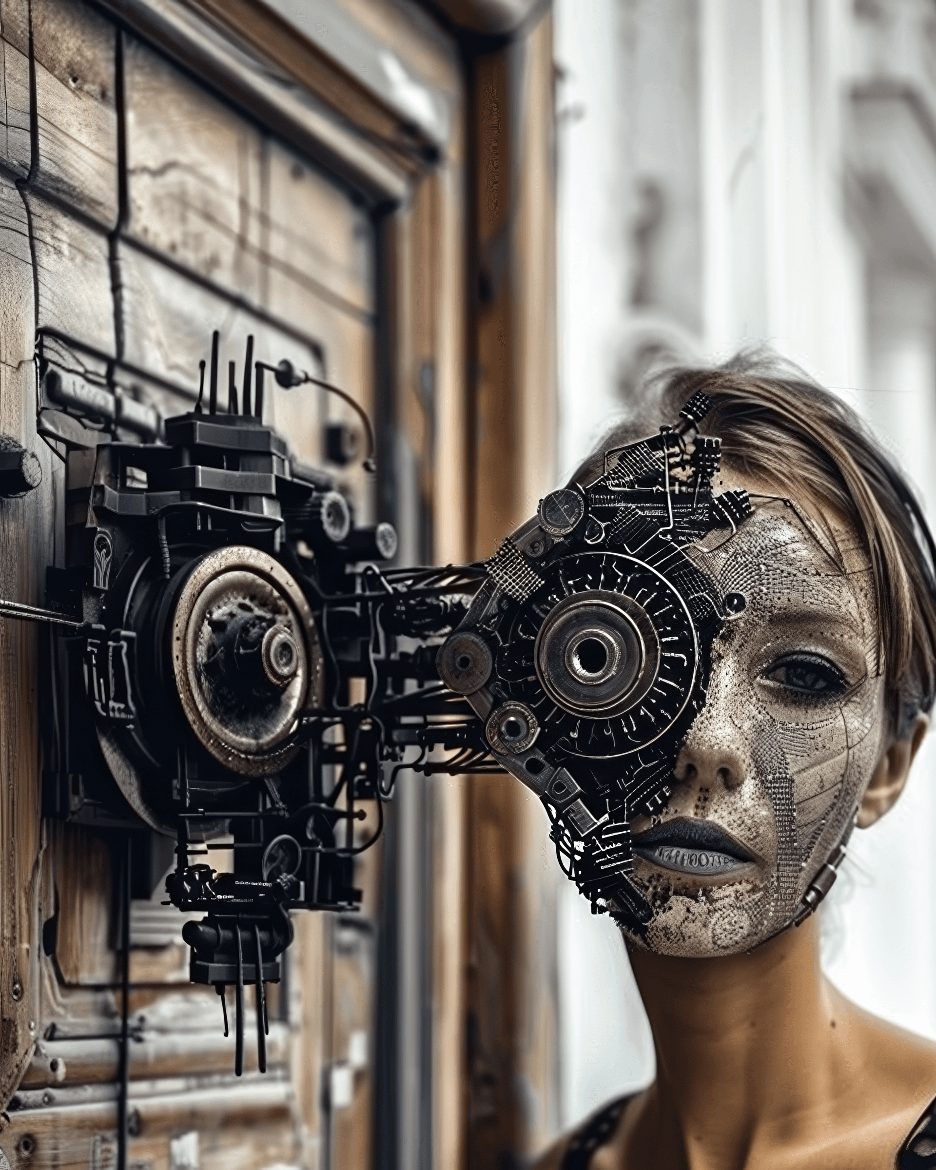 AI generated: A woman with half of her face covered in black plastic, and the other side is made up in the style o...