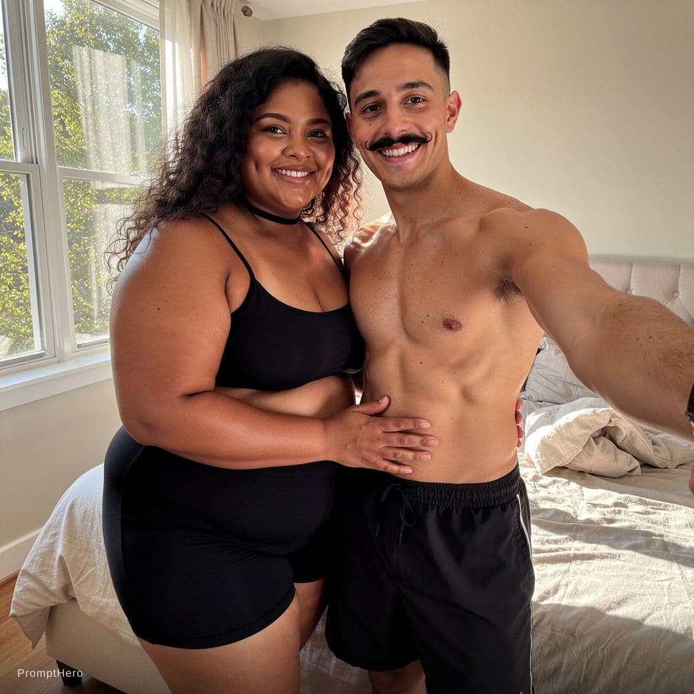 AI generated: “A warm, intimate selfie of a real-life beautiful couple posing together in a cozy, sunlit bedroom. ...