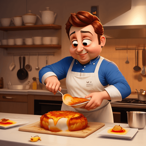 AI generated: Pixar style movie of a chef cooking the portuguese dish "Francesinha" with many mice around him help...