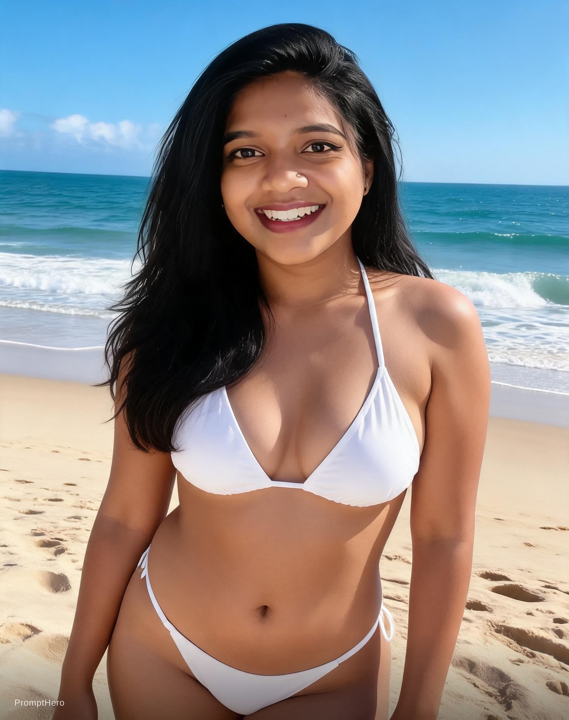 AI generated: Girl show in the bikni on beach reference image