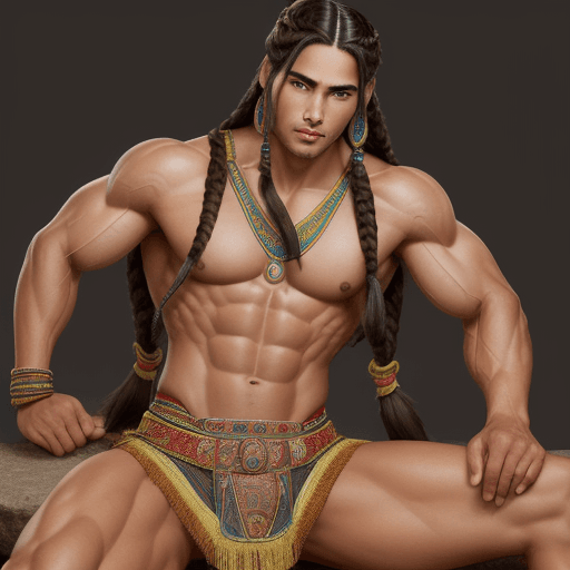 AI generated: fotografía hiper realista, muscular man, inca race, face andean, long hair with many braids, inca em...
