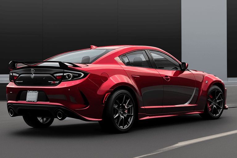 AI generated: Full lateral view of A realistic RX8 Mazda mixed with the 2020 dodge charger desing, no rear spoiler...