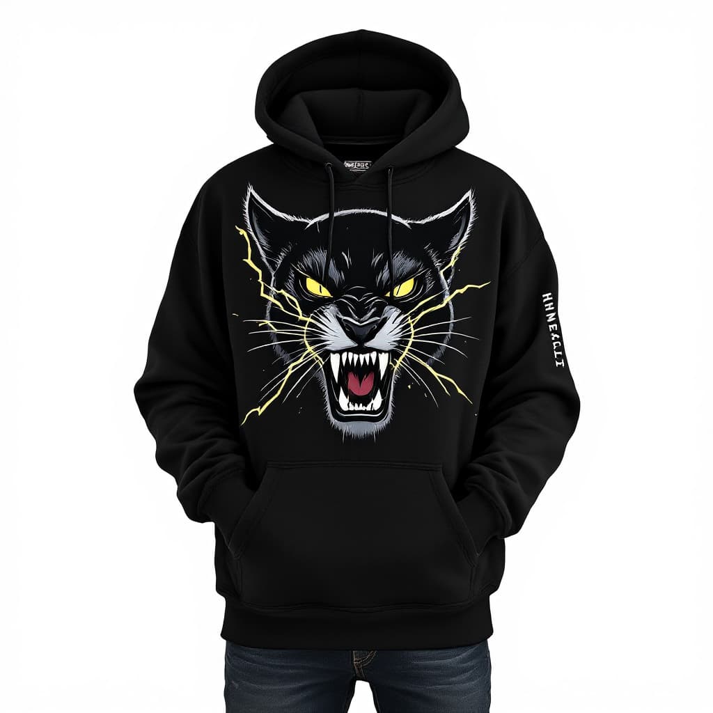 AI generated: photo on a white neutral background for a clothing catalog. photo of a black loose hoodie with a hoo...