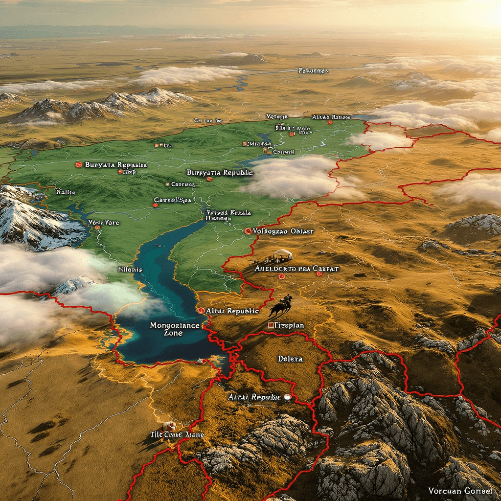 AI generated: Epic panoramic view of Eurasian steppes, historical map overlay:  
1. **地理要素**：  
   - Foreground:...