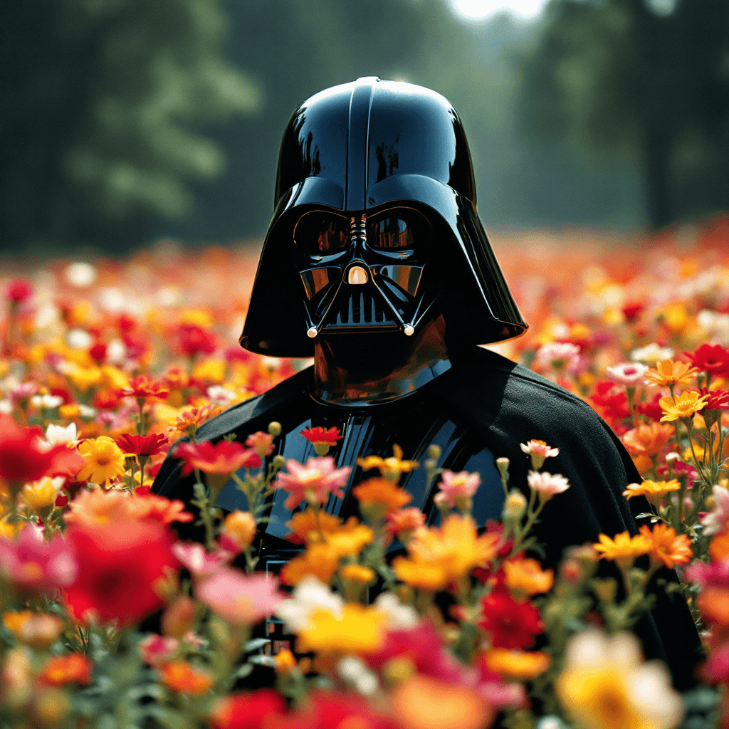AI generated: Darth vader in a beautiful field of flowers, colorful flowers everywhere, perfect lighting, leica su...
