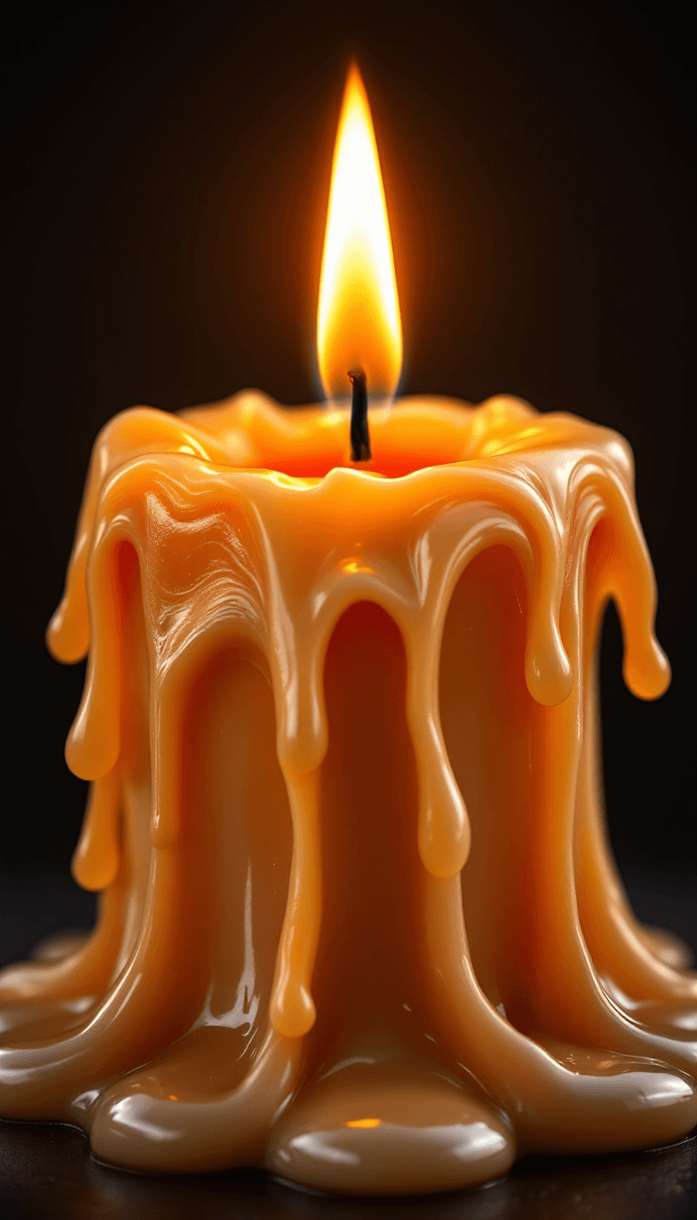 AI generated: A **high-detail macro photograph** capturing the **top of a lit candle**, where **melted wax delicat...