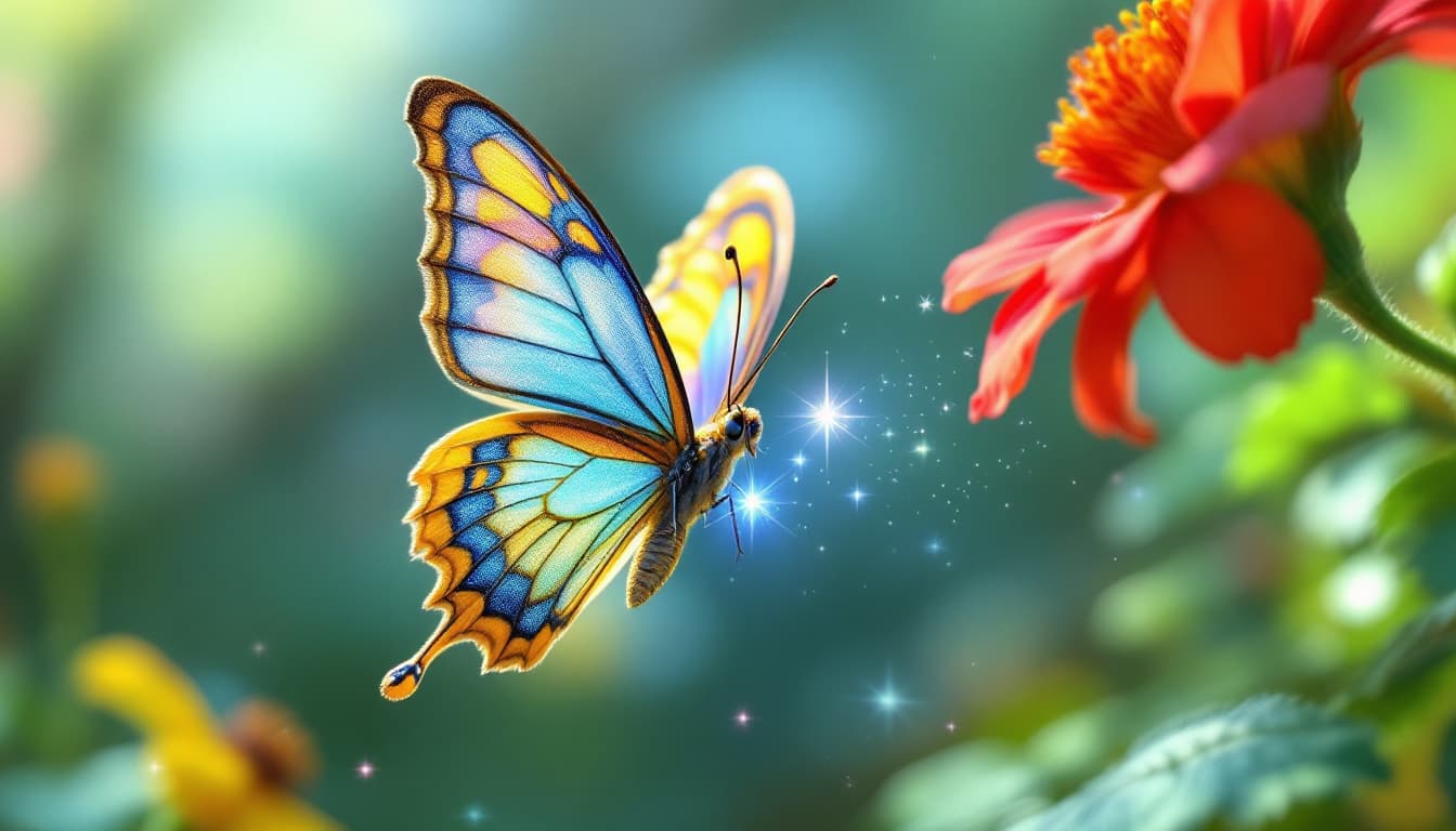 AI generated: "Show a close-up 3D cartoon view of a shimmering butterfly with intricate, multicolored wings. It fl...