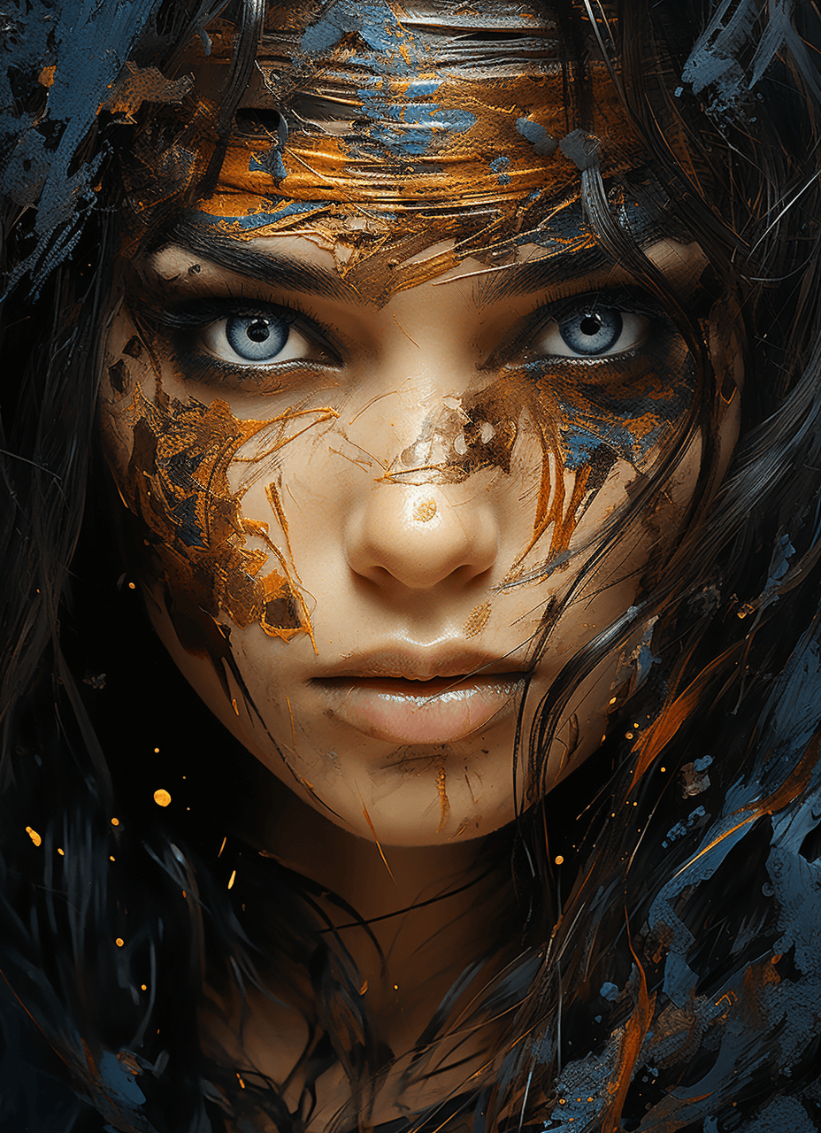 AI generated: the image is of an adult woman with dark hair and blue eyes, in the style of action painter, light b...