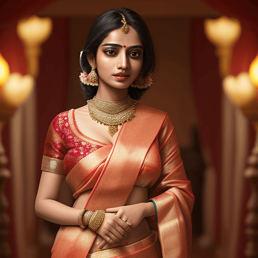 AI generated: A female wearing on an expansive silk saree adorned with Indian-style lace, embodying the essence of...