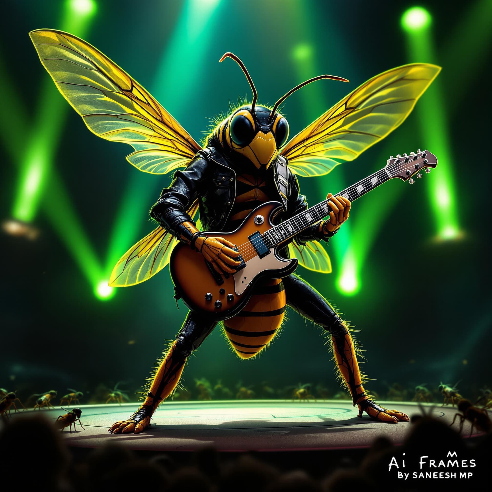 AI generated: A wasp insect standing upright like a human, playing an electric guitar on stage. Its wings are buzz...