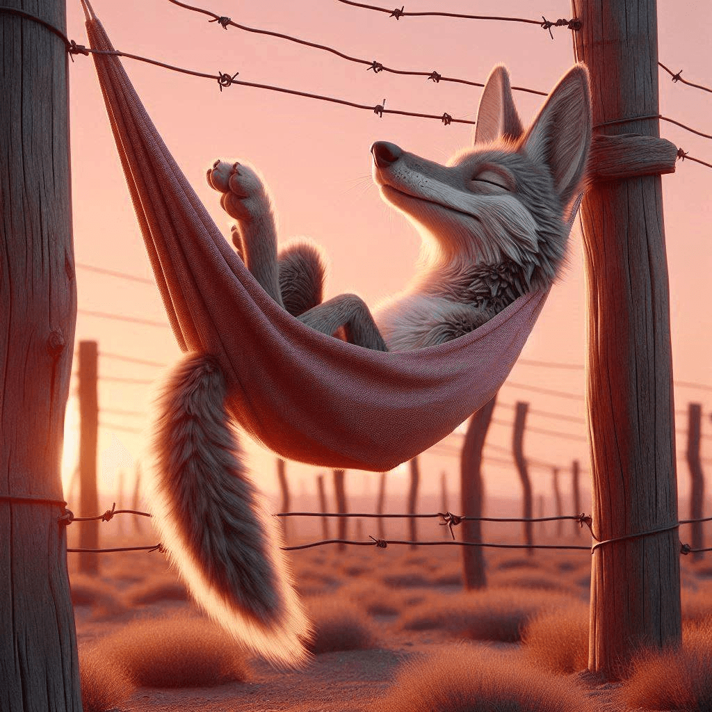 AI generated: Close-up professional cinematic 3D animation of a tall, lean, long-furred coyote curled up in a comi...