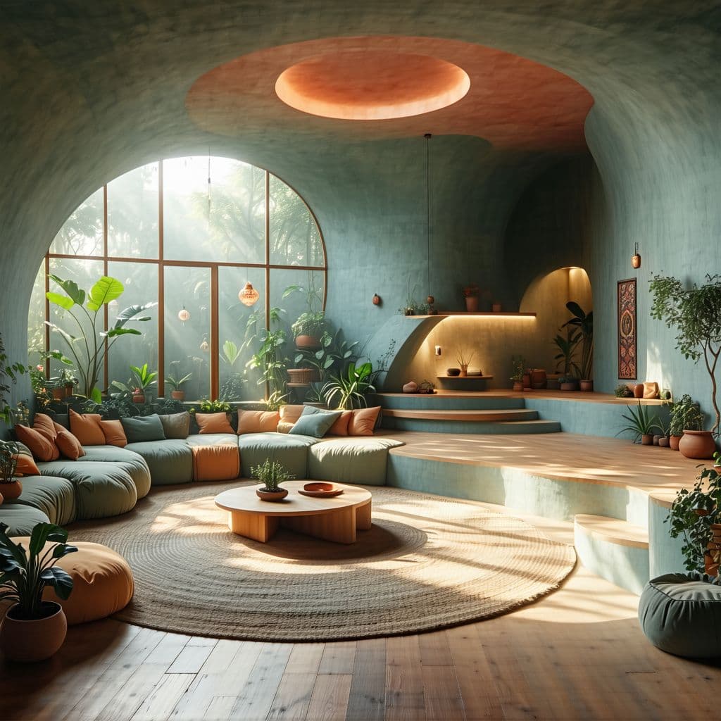 AI generated: High resolution photography interior design, dreamy sunken living room conversation pit, wooden floo...