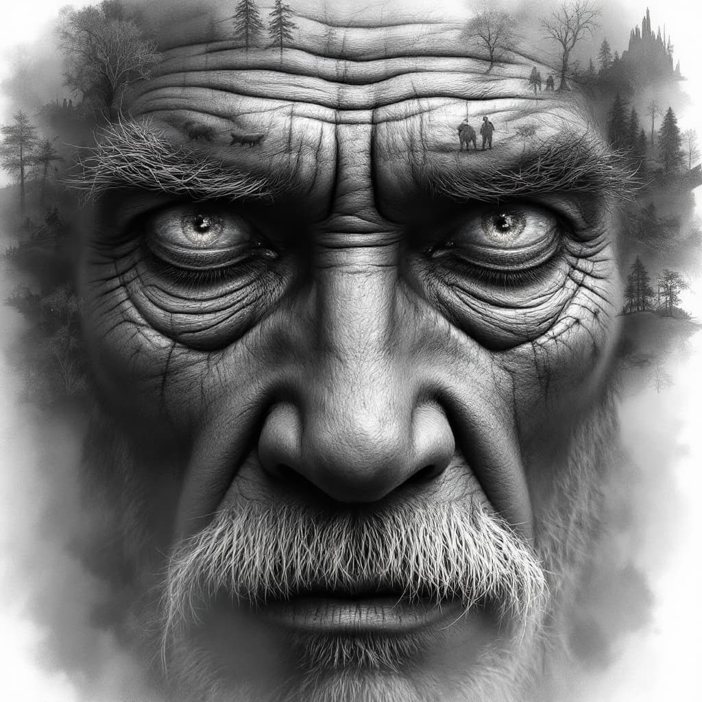 AI generated: digital painting, ultra realistic, black and white sketch, very detailed eyes of an old Australian a...
