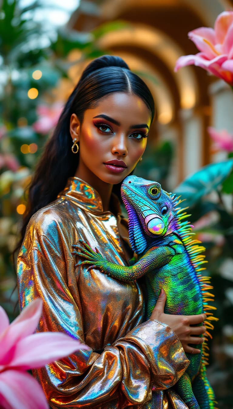 AI generated: a closeup photo of a gorgeous model wearing a shimmering metallic blouse with a huge iridescent rain...