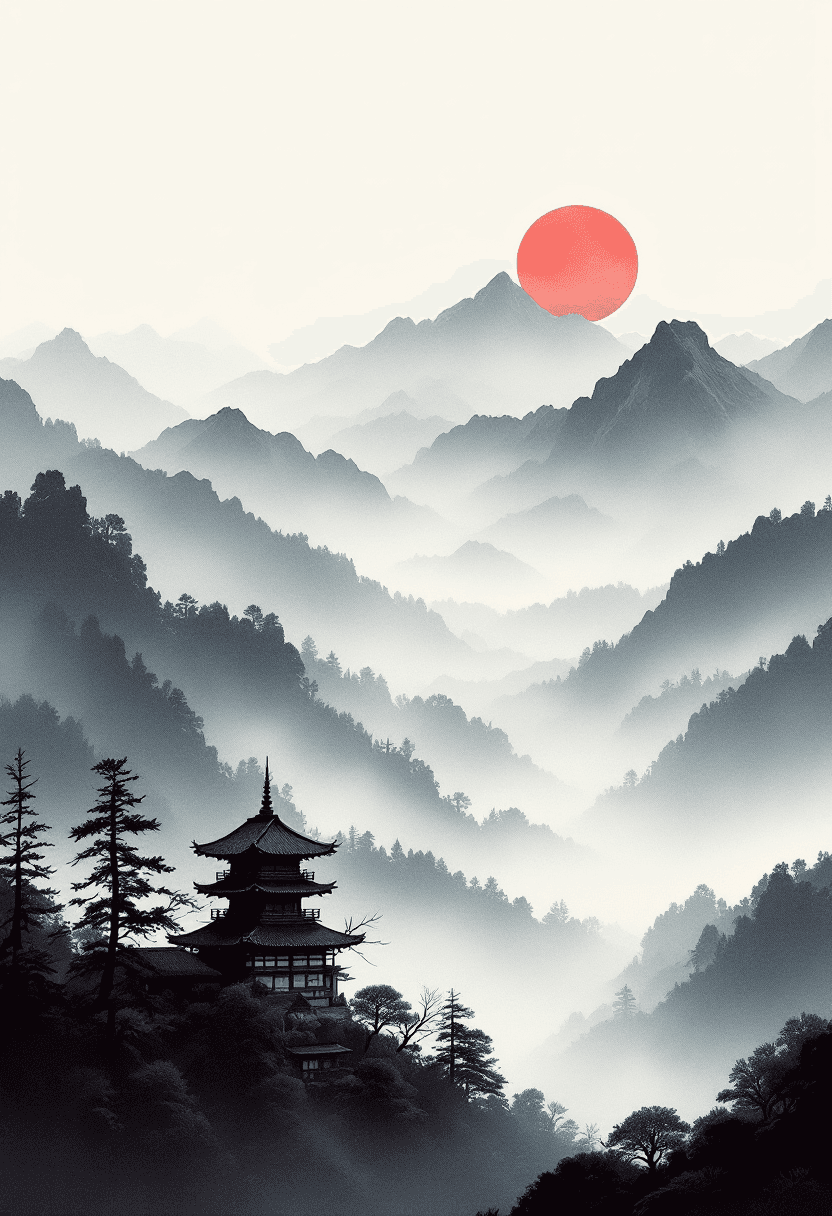 AI generated: Japanese Sumi-e landscape, serene misty mountains, silhouetted traditional building, soft ink wash t...