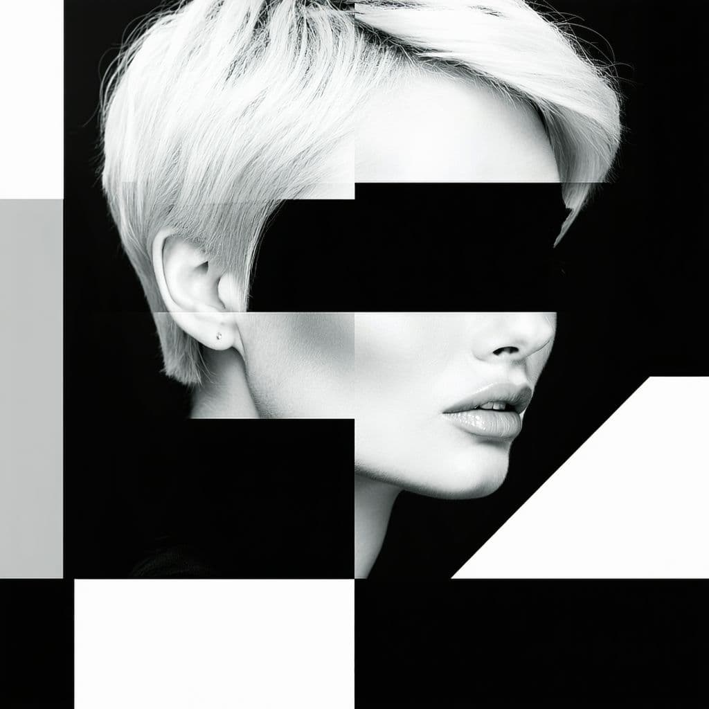 AI generated: A close-up portrait of a woman with short platinum blonde hair, in the style of Irving Penn and Pabl...