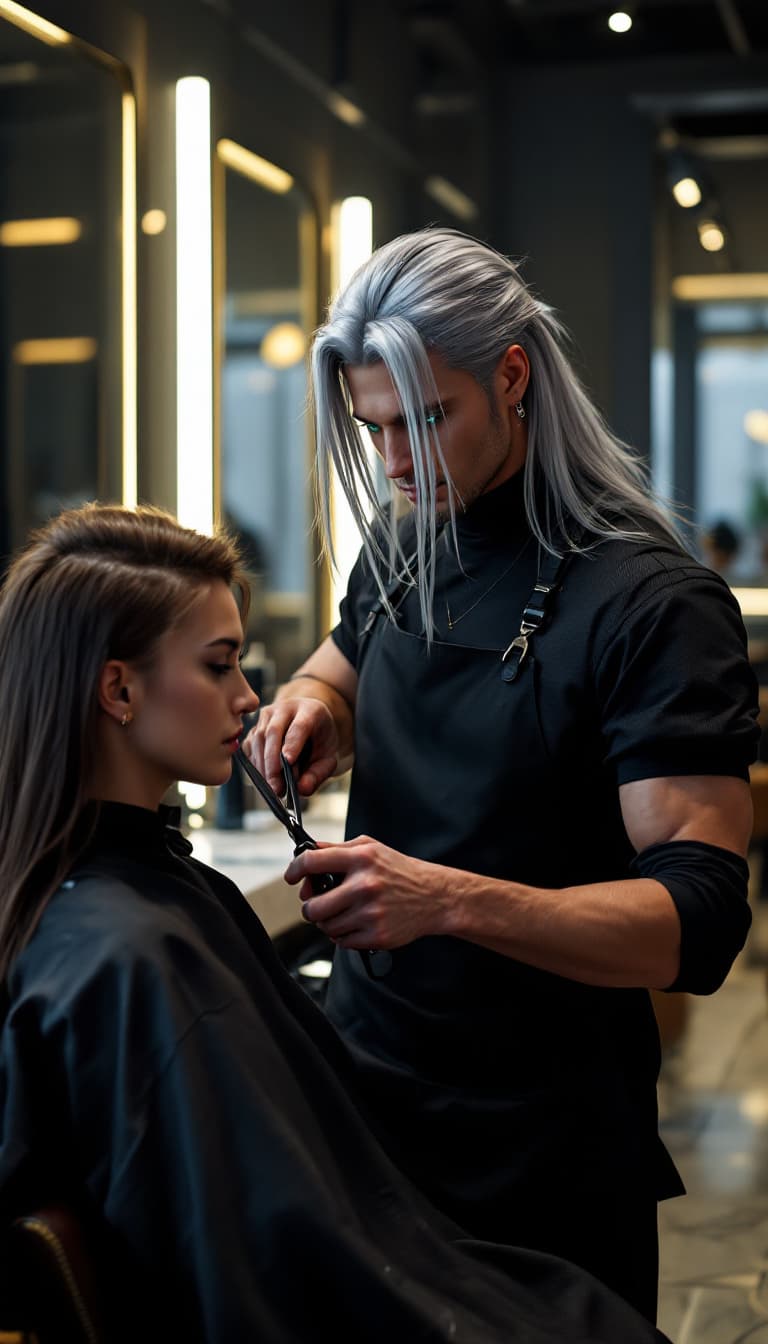 AI generated: A candid, photorealistic shot of a tall handsome European man inspired by Sephiroth from Final Fanta...
