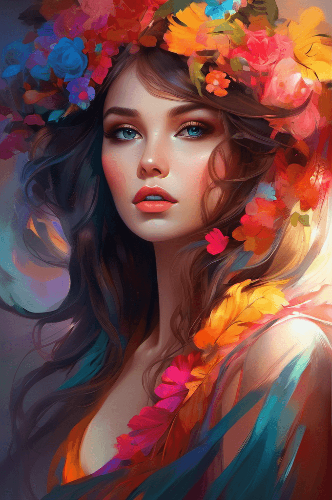 AI generated:  portrait of a girl, ethereal beauty, perfect eyes, makeup, goddess, vibrant colors, brush strokes, ...