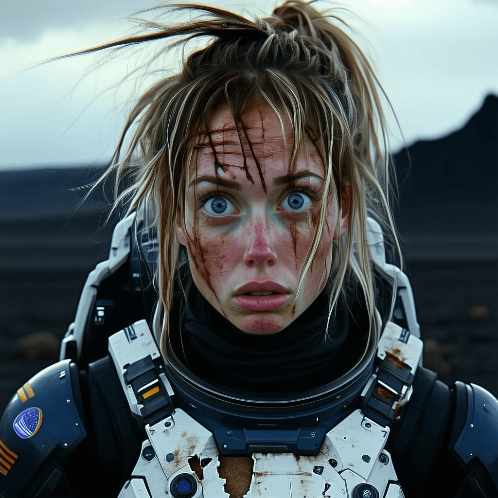 AI generated: A portrait photo of an woman with disheveled hair and pale features. Her eyes are wide open and his ...