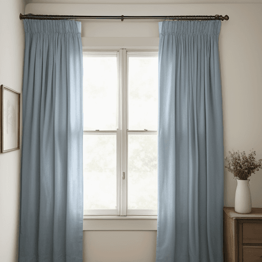 AI generated: A photo of blue linen curtains in the window, taken with an iPhone camera, showcases the curtain's s...