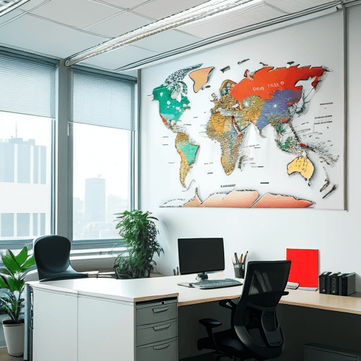 AI generated: High-resolution photograph showcasing a modern office environment with a global theme, emphasizing a...