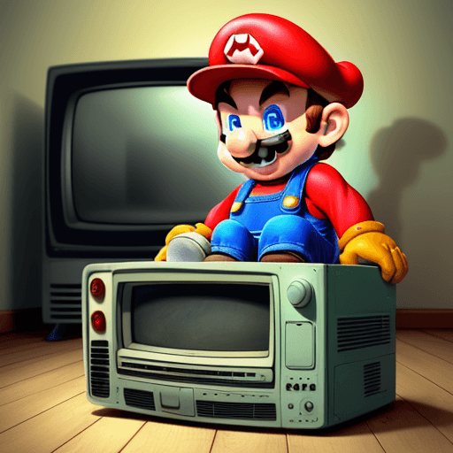 AI generated: A little boy plays Super Mario in an old TV and The Simple Life