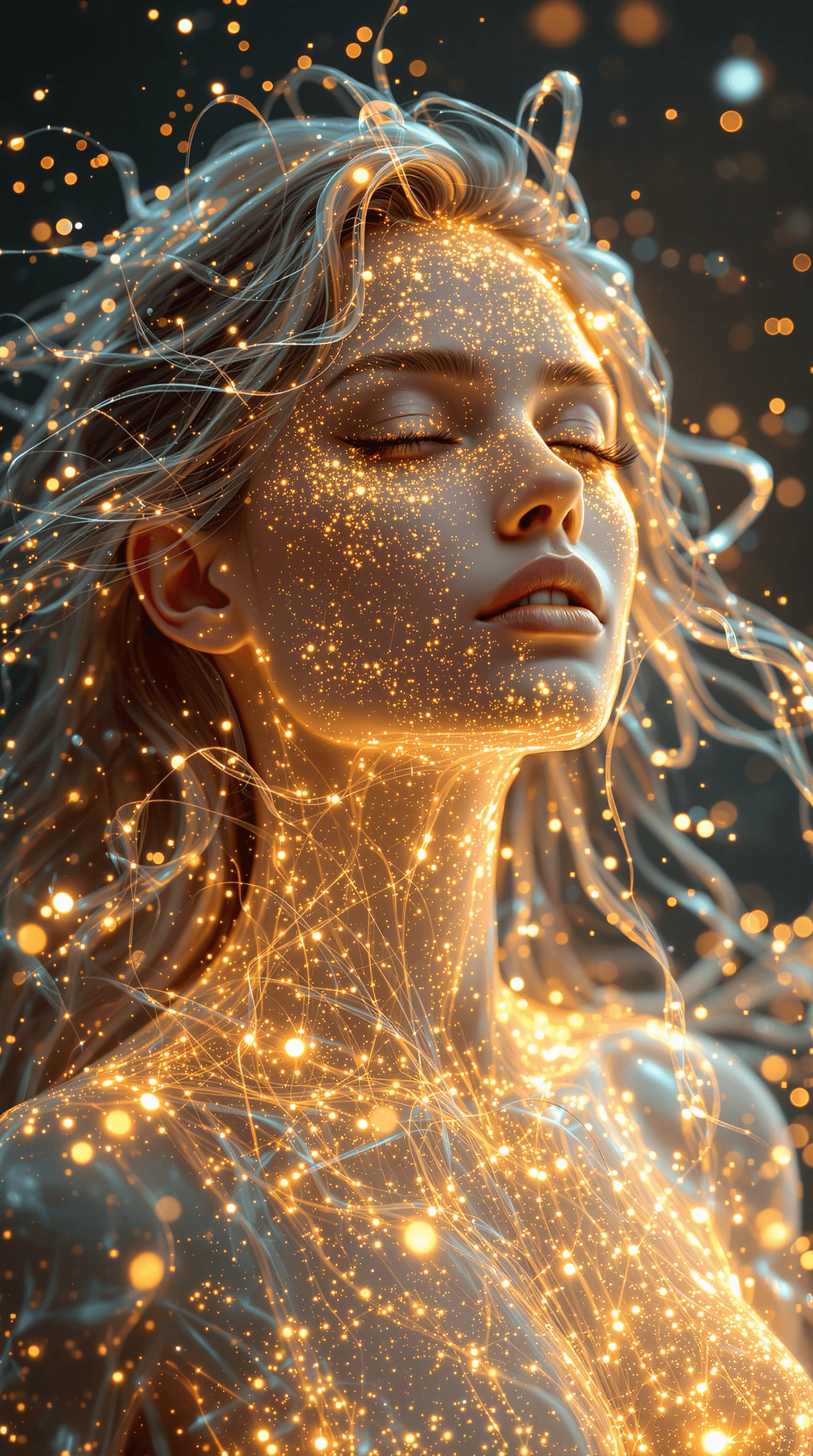 AI generated: A photorealistic 4K image of a woman with transparent, crystal-like skin, glowing from within with a...