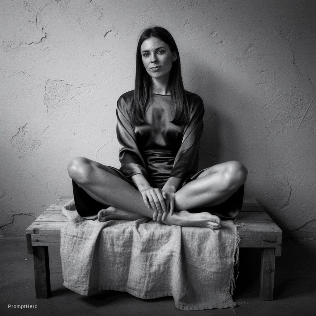 AI generated: Black-and-white fine-art nude, seated female figure on low wooden platform draped with textured line...