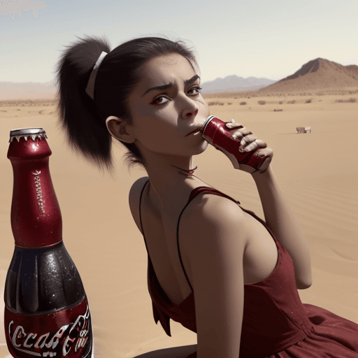 AI generated: short ponytail, Exquisite face, despair, despair, A bottle of Coca-Cola stands in the desert, A pack...