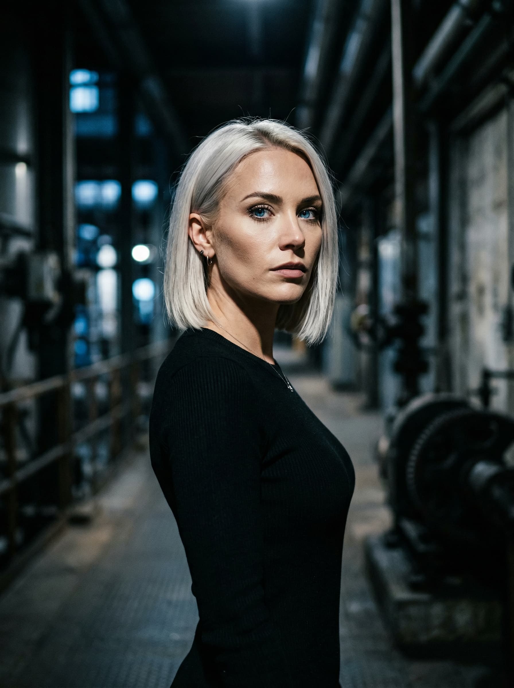 AI generated: (Nano Banana 2) A high-resolution cinematic portrait of a woman with a sharp platinum blonde bob and...