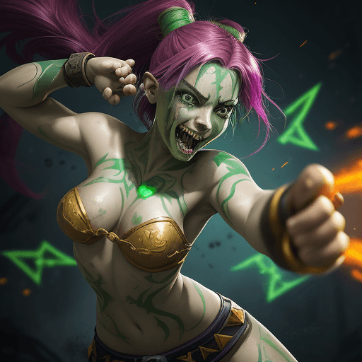 AI generated: painterly style, seductive female League of legends Jinx character fighting at war, raging, crazy sm...