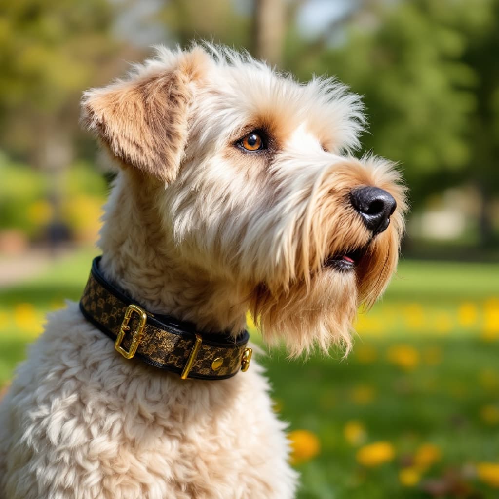 AI generated: an adult soft coated wheaten terrier poised wearing a gucci dog colllar and enjoying a day in the pa...
