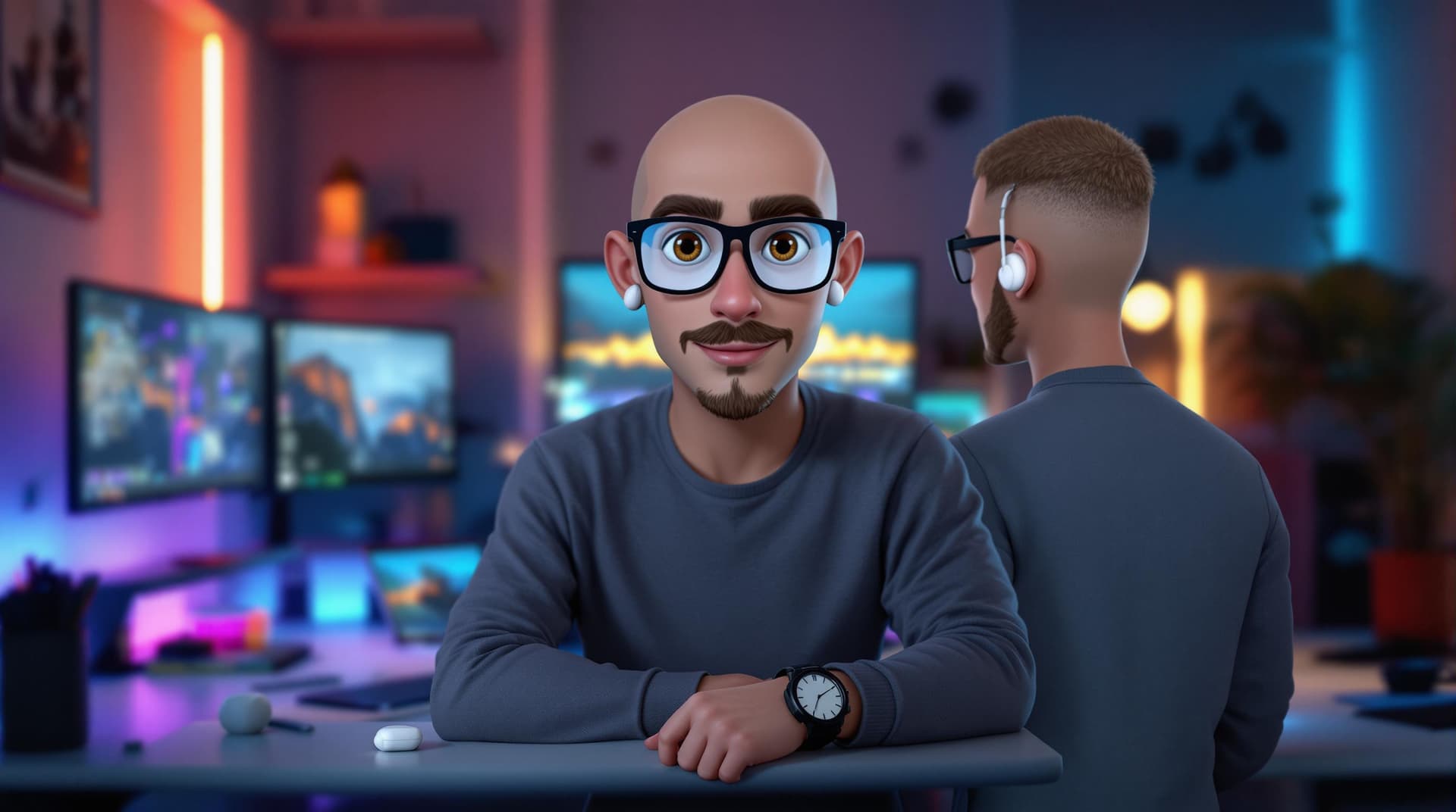 AI generated: Create a semi-realistic male avatar with light skin, a large build, bald head (Buzz Cut hair), a mus...