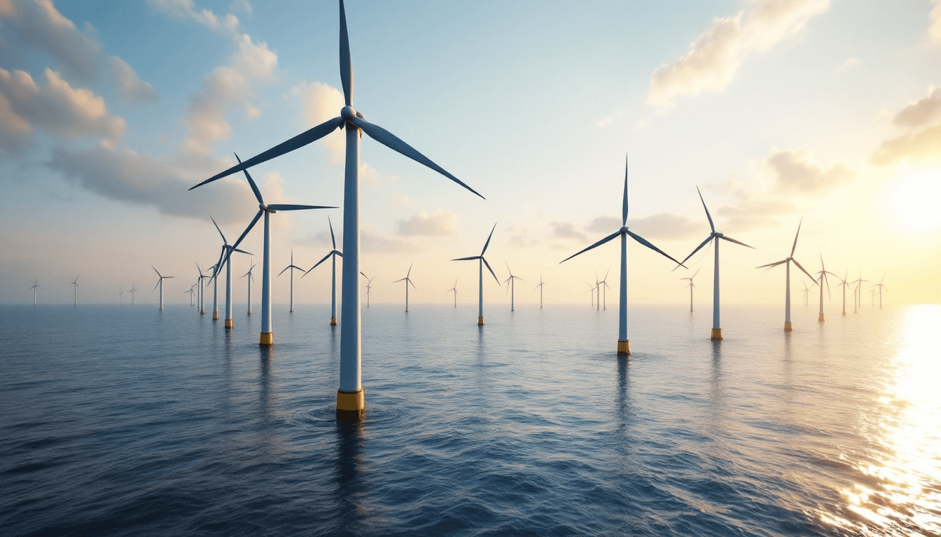 AI generated: A wide-angle view of towering white wind turbines standing in the ocean, their blades spinning slowl...