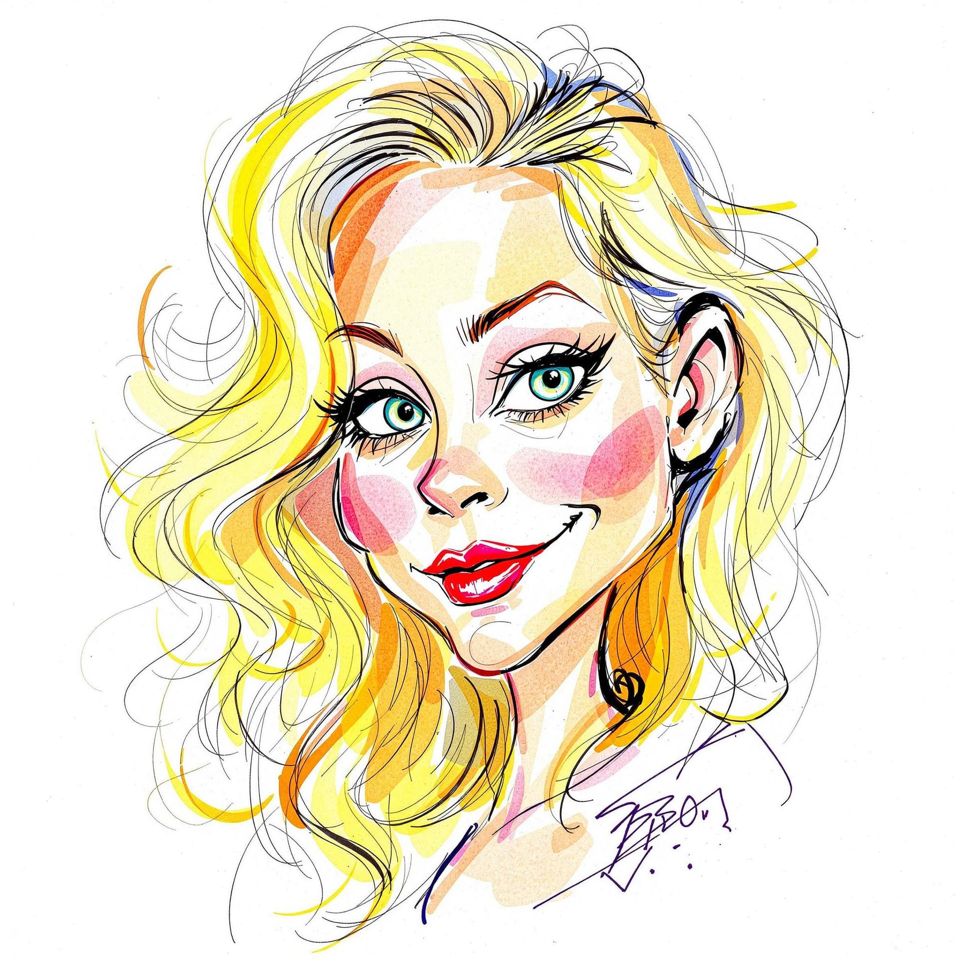 AI generated: Dessin au crayon de caricatures, femme mignonne, cheveux blonds, milieu de la vingtaine, crayons de ...
