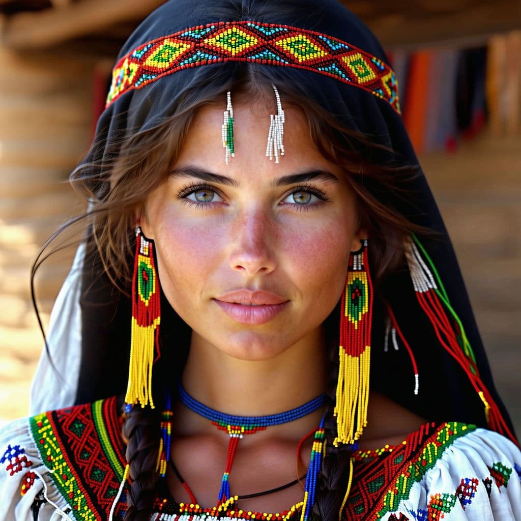 AI generated: Beautiful looking gypsy greek girl, the whole face, shoulders and chest are pierced with openwork th...