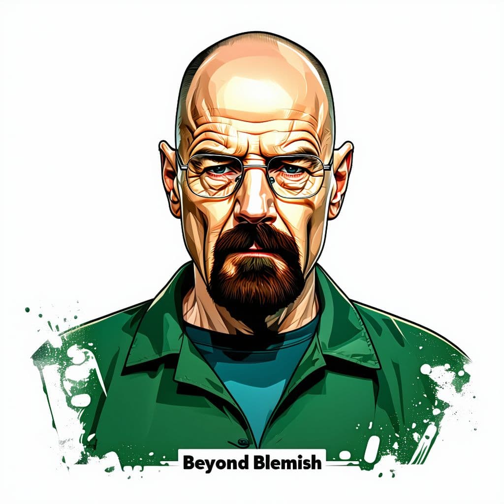 AI generated: Walter White from Breaking Bad, with the text "Beyond Blemish" in the same style as the Breaking Bad...