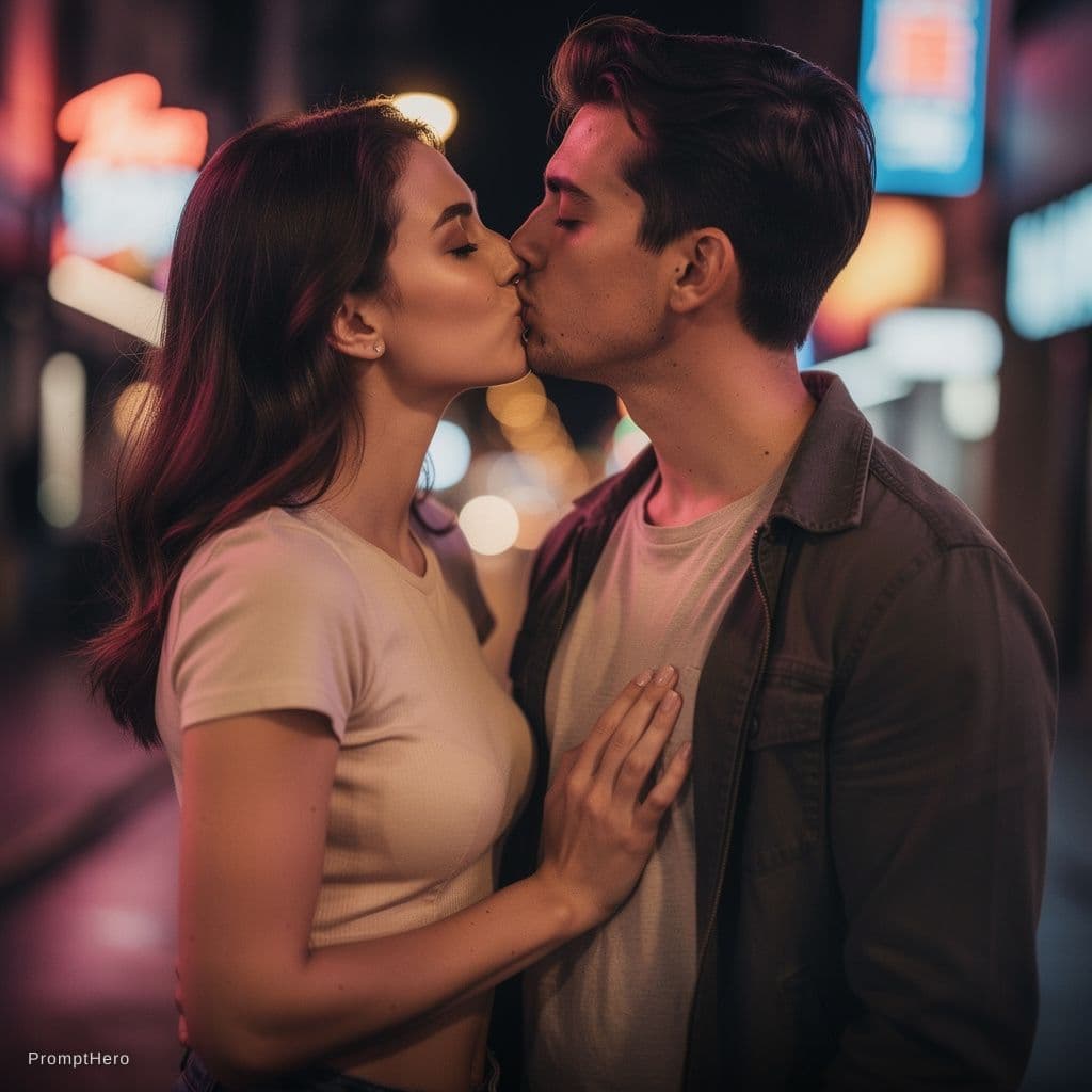 AI generated: Wearing crop top and kiss with guy