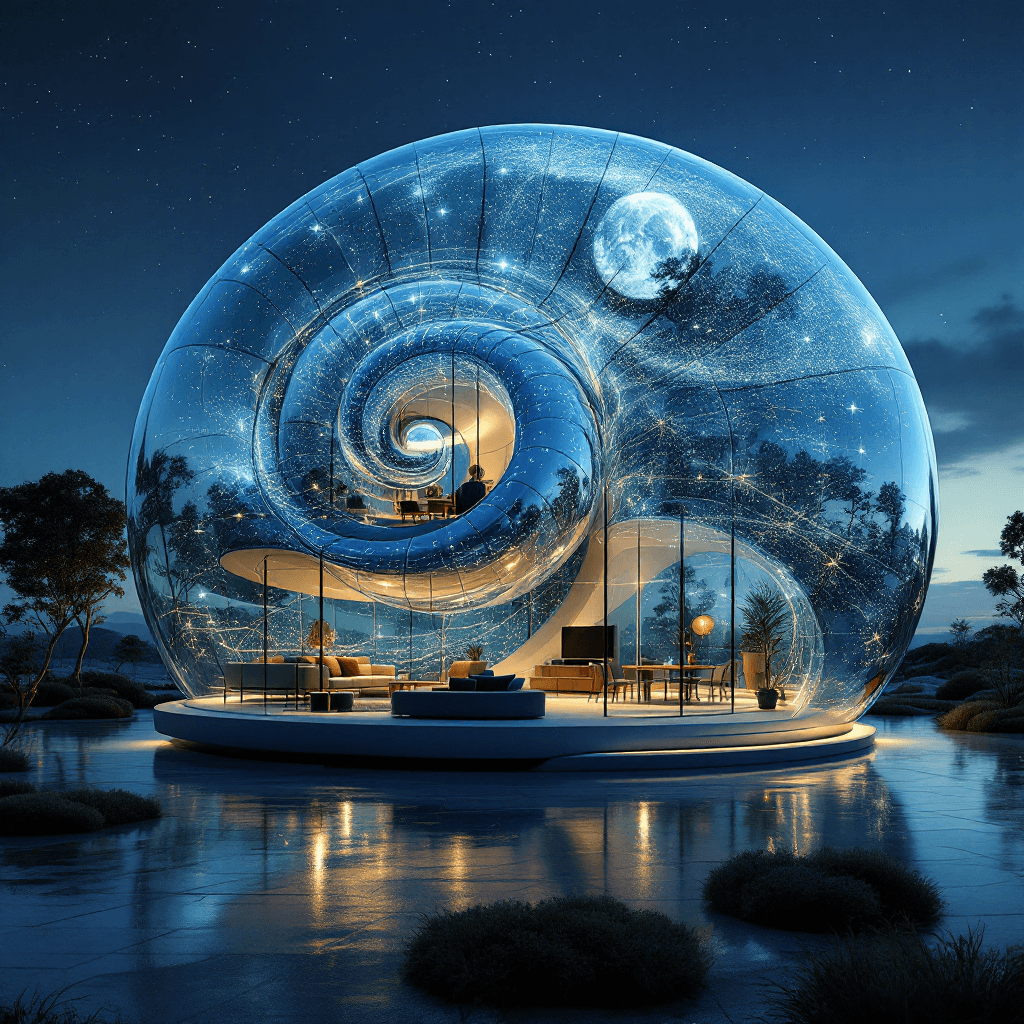 AI generated: An ultra-realistic depiction of a hybrid structure, combining a massive snail shell and a luxurious ...
