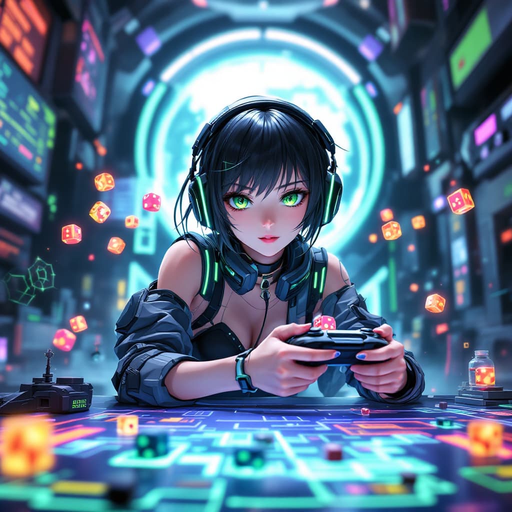 AI generated: Anime-style girl with short black hair and bright green eyes, wearing black and green futuristic hea...